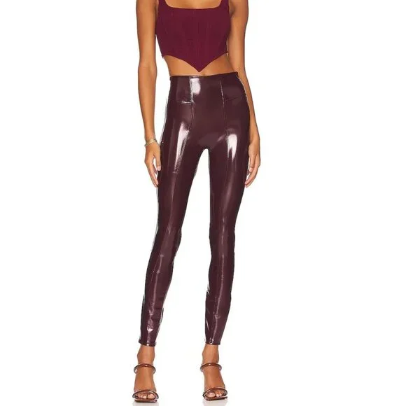 Spanx Ruby Dark Red Vegan Faux Patent Leather Leggings Pants NWT Womens Large - Picture 1 of 6